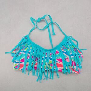 Urban Sea Blue Fringe Padded Halter‎ Tie Boho Bikini Bralette Swim Top S Small